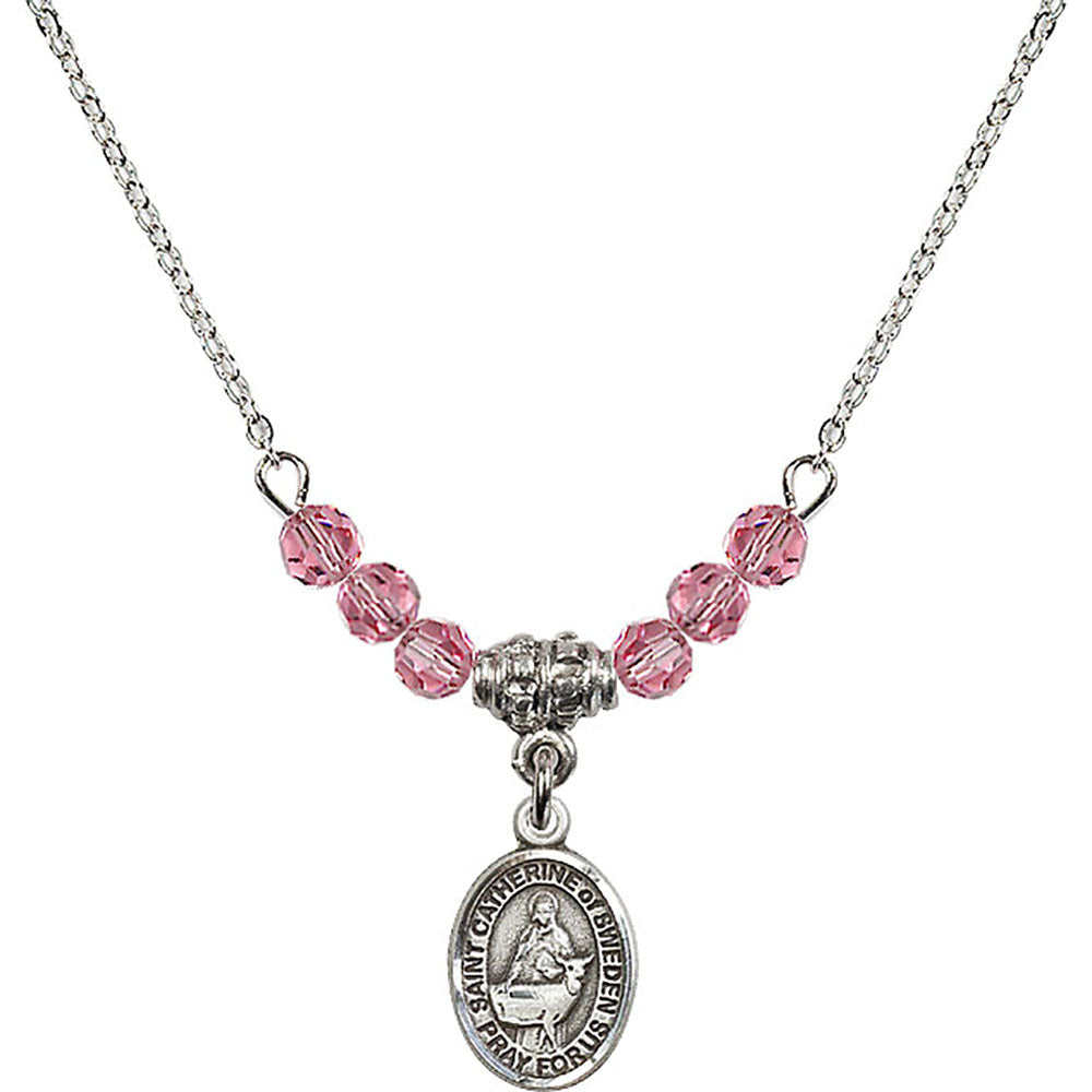 Sterling Silver Saint Catherine of Sweden Birthstone Necklace with Rose Beads - 9336