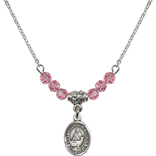 Sterling Silver Saint Catherine of Sweden Birthstone Necklace with Rose Beads - 9336