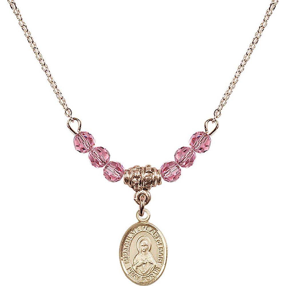 14kt Gold Filled Immaculate Heart of Mary Birthstone Necklace with Rose Beads - 9337