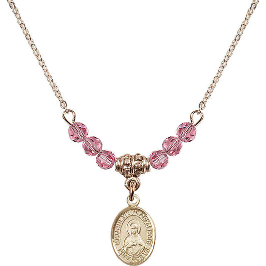 14kt Gold Filled Immaculate Heart of Mary Birthstone Necklace with Rose Beads - 9337