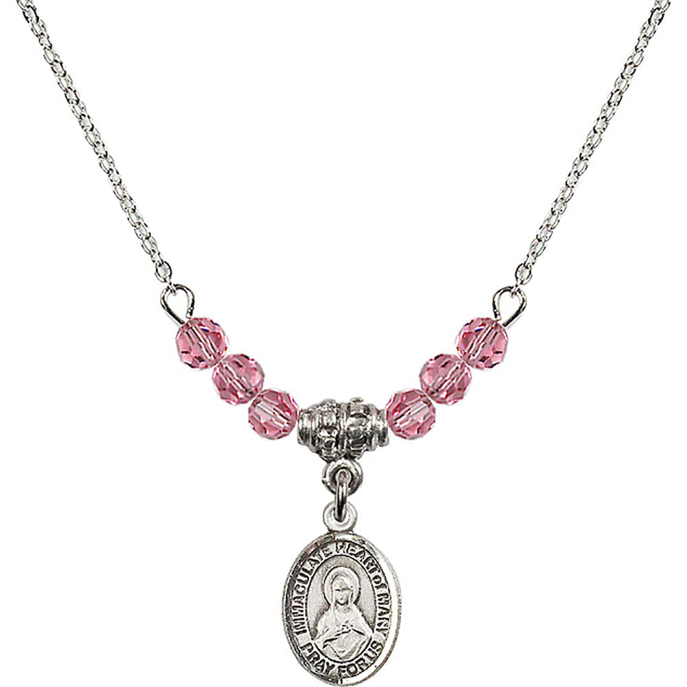 Sterling Silver Immaculate Heart of Mary Birthstone Necklace with Rose Beads - 9337