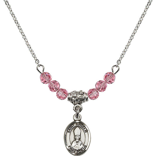 Sterling Silver Saint Anselm of Canterbury Birthstone Necklace with Rose Beads - 9342