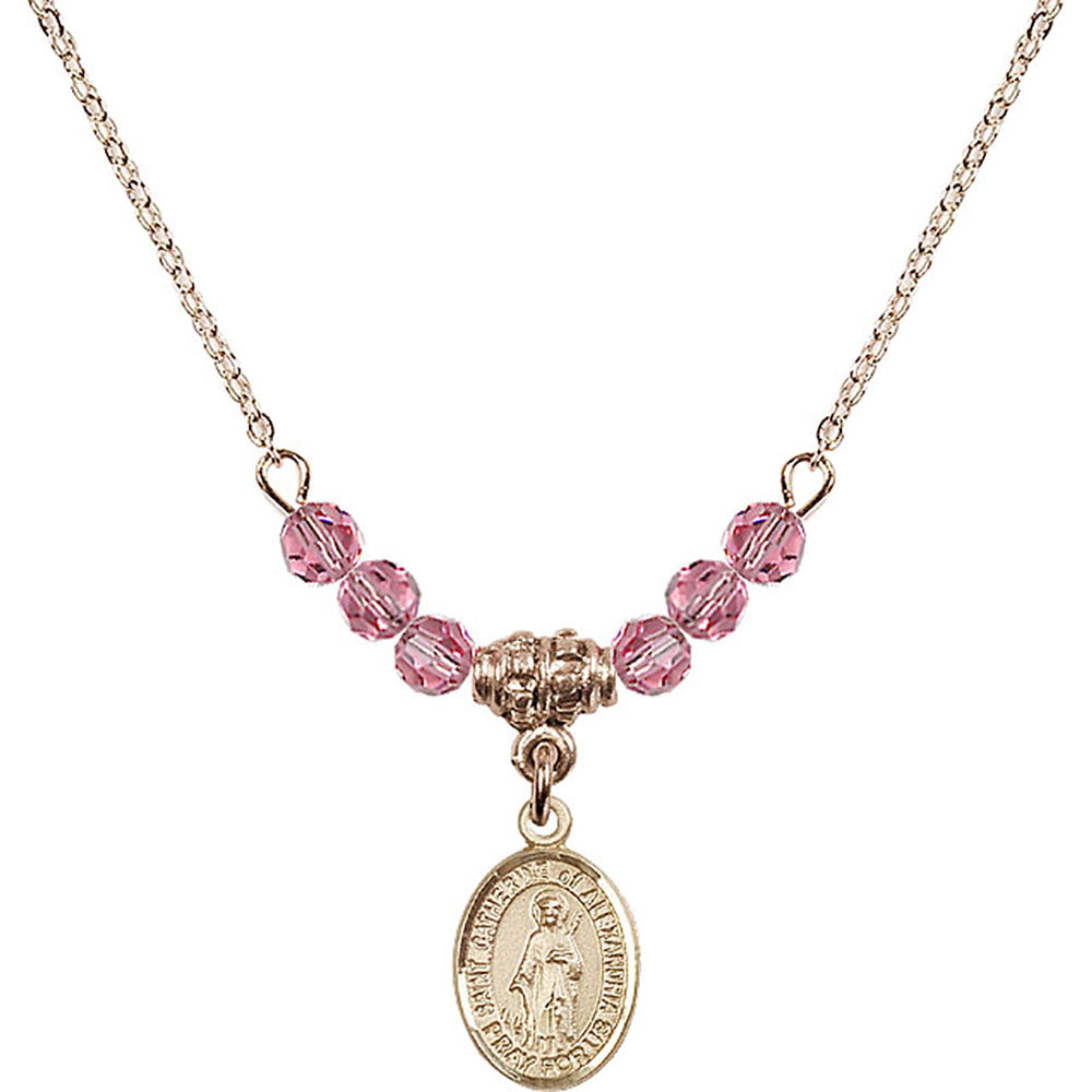 14kt Gold Filled Saint Catherine of Alexandria Birthstone Necklace with Rose Beads - 9343