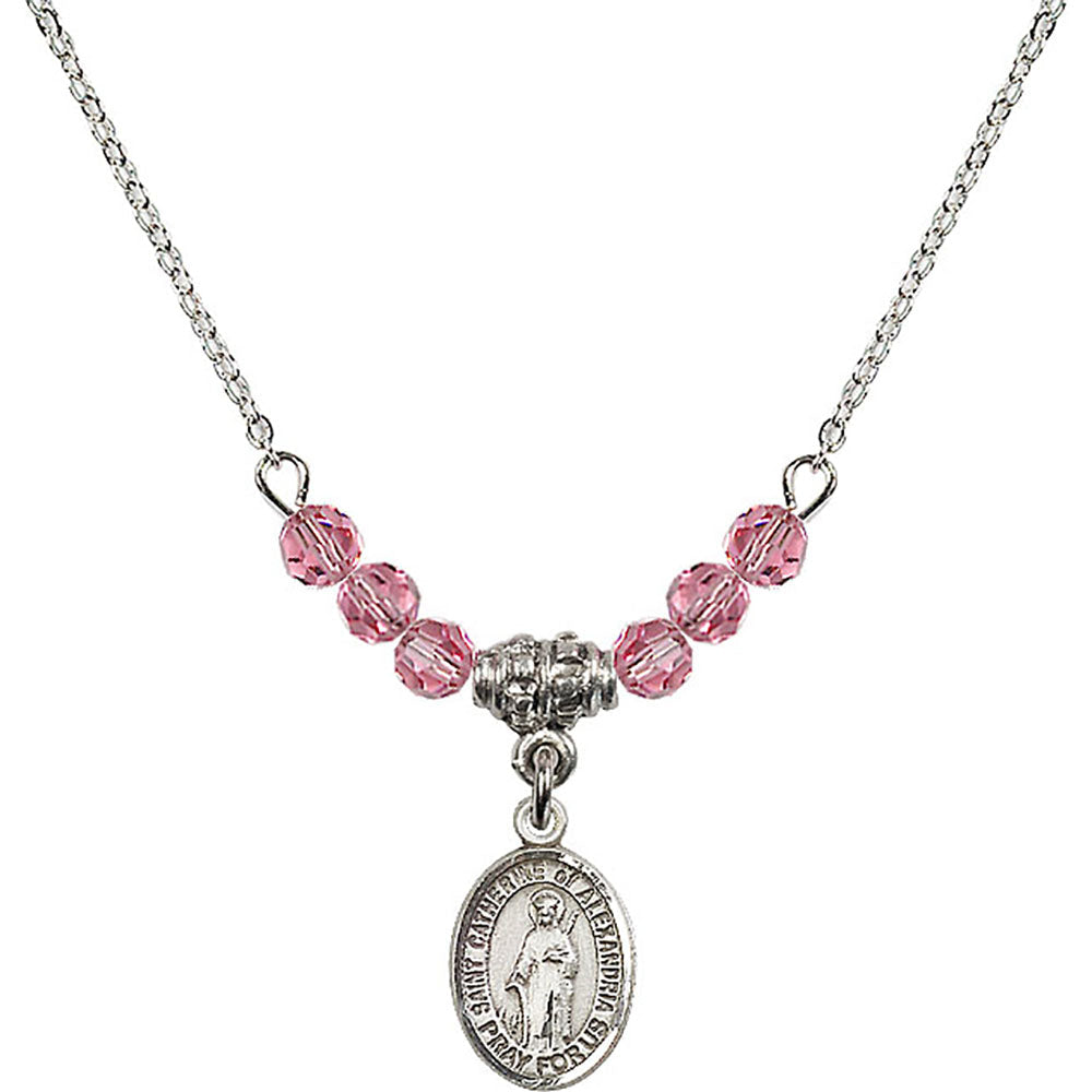 Sterling Silver Saint Catherine of Alexandria Birthstone Necklace with Rose Beads - 9343