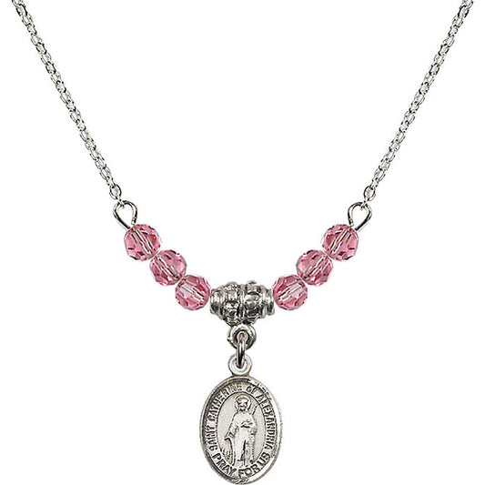 Sterling Silver Saint Catherine of Alexandria Birthstone Necklace with Rose Beads - 9343