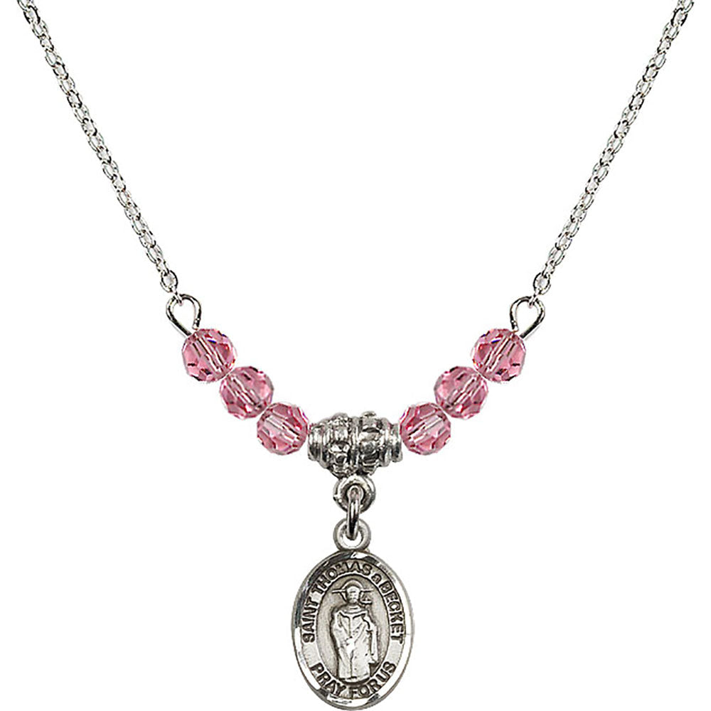 Sterling Silver Saint Thomas A Becket Birthstone Necklace with Rose Beads - 9344