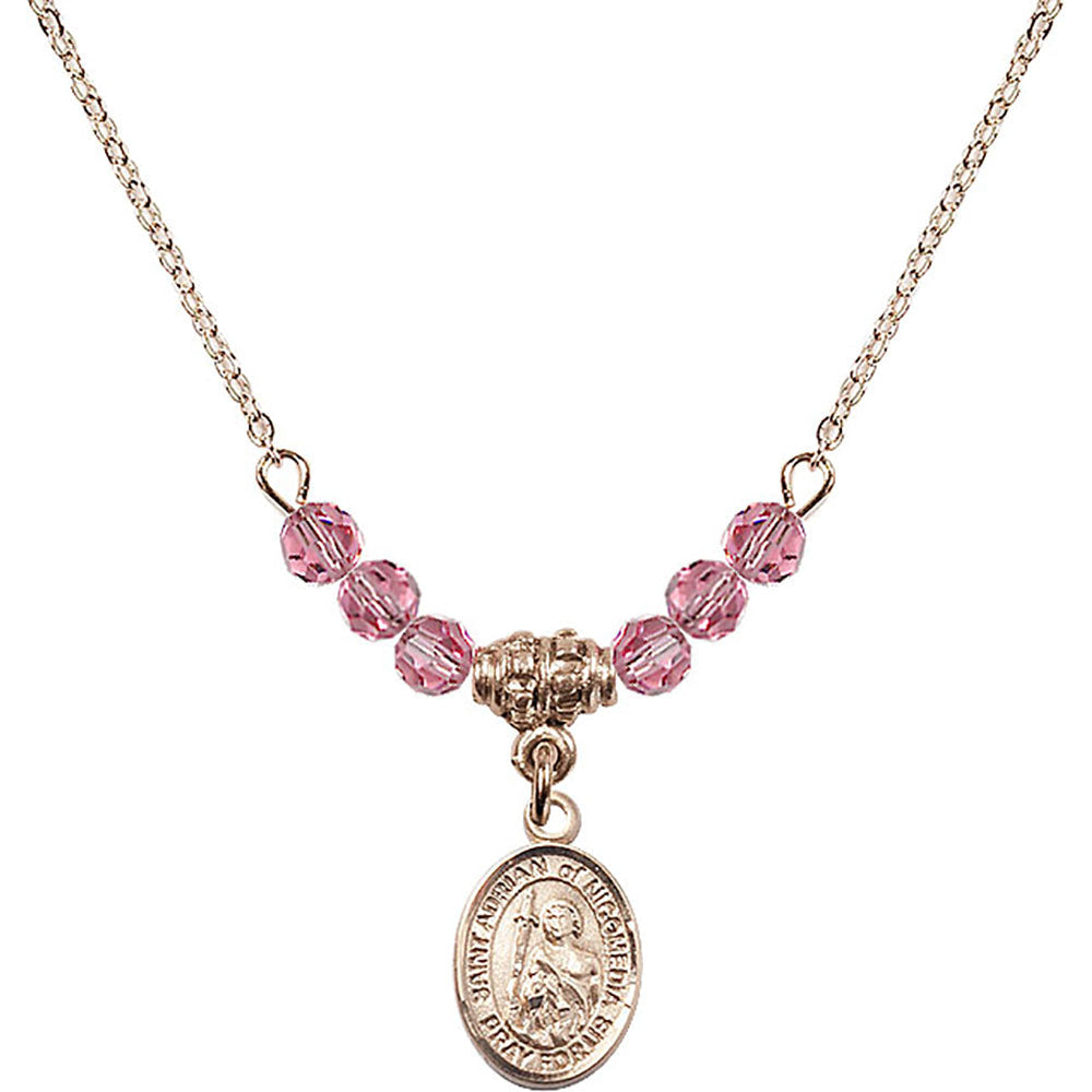14kt Gold Filled Saint Adrian of Nicomedia Birthstone Necklace with Rose Beads - 9353