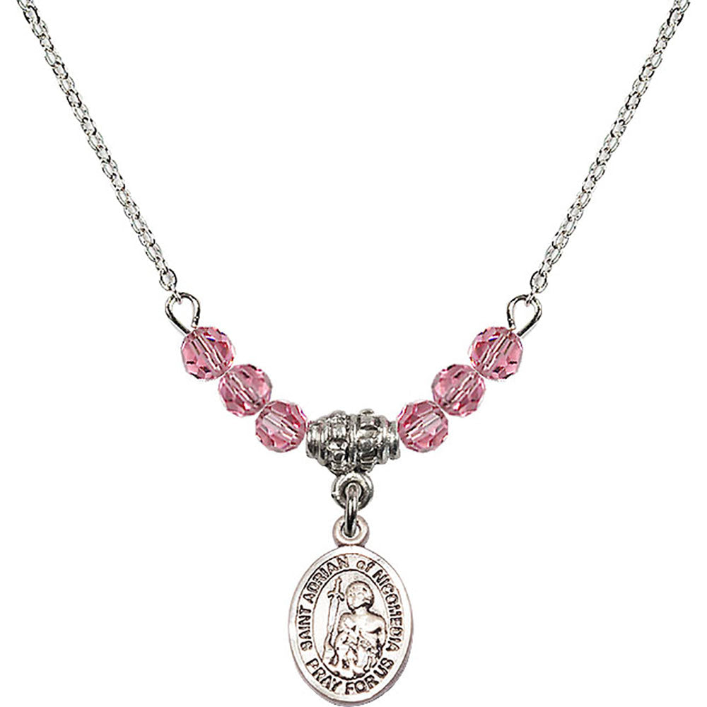 Sterling Silver Saint Adrian of Nicomedia Birthstone Necklace with Rose Beads - 9353