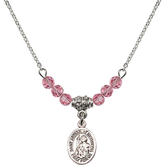 Sterling Silver Saint Adrian of Nicomedia Birthstone Necklace with Rose Beads - 9353