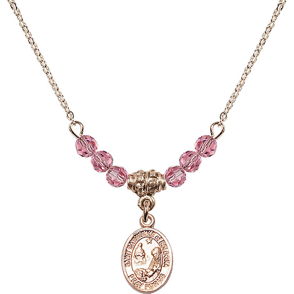 14kt Gold Filled Saint Catherine of Bologna Birthstone Necklace with Rose Beads - 9354