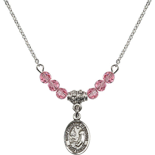 Sterling Silver Saint Catherine of Bologna Birthstone Necklace with Rose Beads - 9354