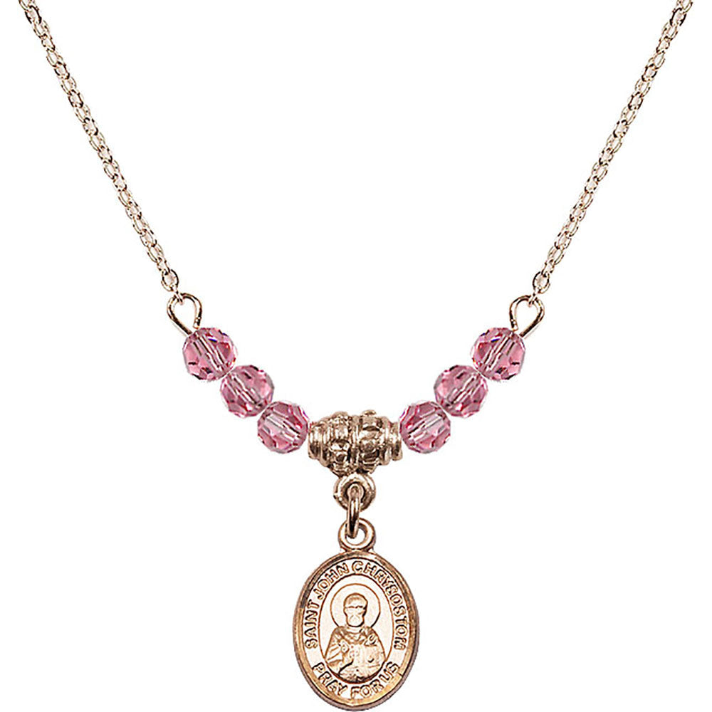 14kt Gold Filled Saint John Chrysostom Birthstone Necklace with Rose Beads - 9357