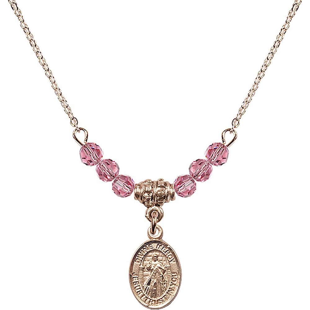 14kt Gold Filled Divine Mercy Birthstone Necklace with Rose Beads - 9366