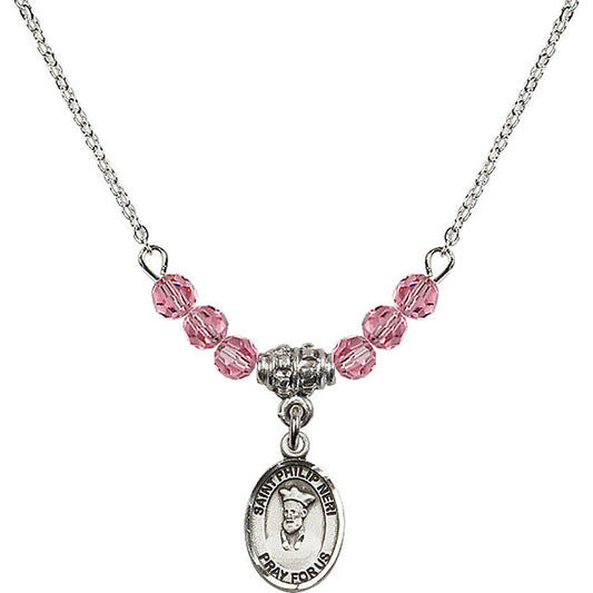 Sterling Silver Saint Philip Neri Birthstone Necklace with Rose Beads - 9369