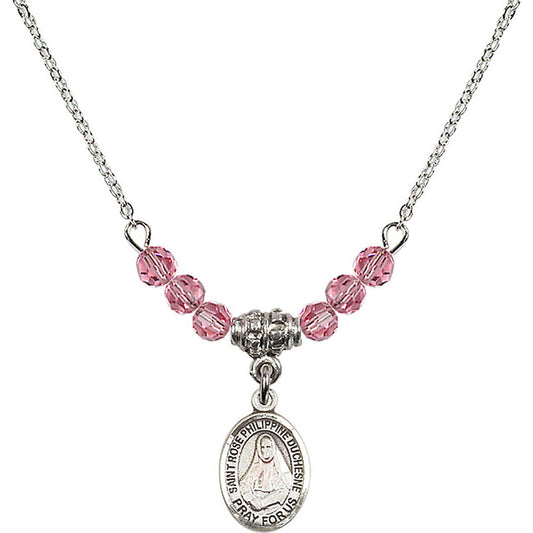 Sterling Silver Saint Rose Philippine Duchesne Birthstone Necklace with Rose Beads - 9371