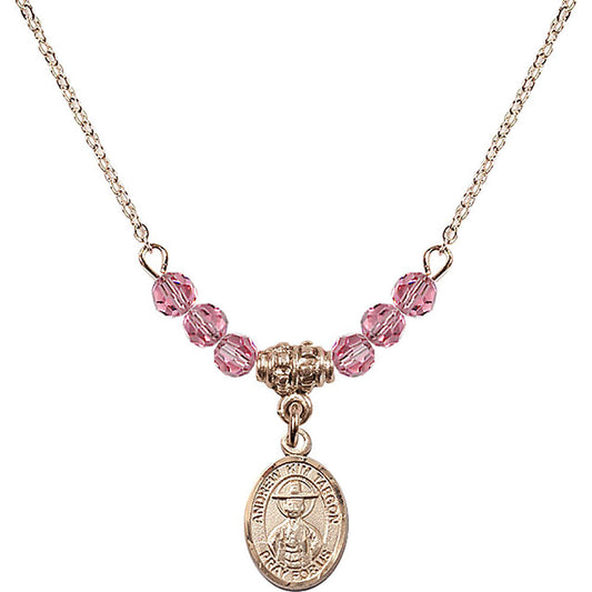 14kt Gold Filled Saint Andrew Kim Taegon Birthstone Necklace with Rose Beads - 9373