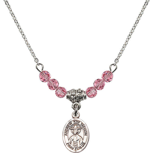 Sterling Silver Saint Andrew Kim Taegon Birthstone Necklace with Rose Beads - 9373