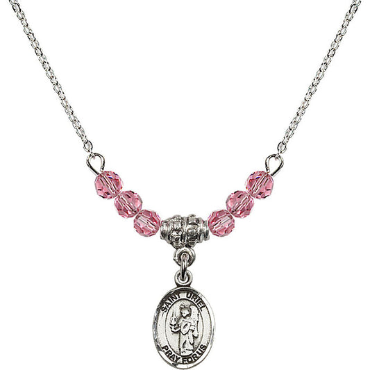 Sterling Silver Saint Uriel the Archangel Birthstone Necklace with Rose Beads - 9378
