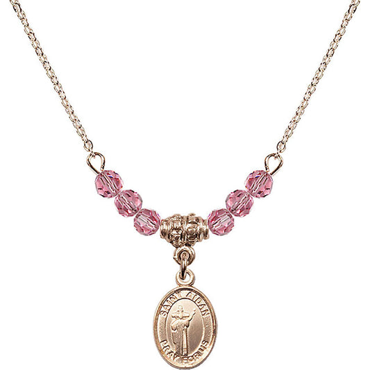 14kt Gold Filled Saint Aidan of Lindesfarne Birthstone Necklace with Rose Beads - 9381