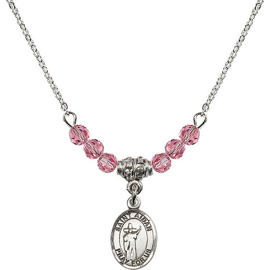 Sterling Silver Saint Aidan of Lindesfarne Birthstone Necklace with Rose Beads - 9381