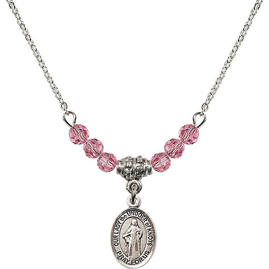 Sterling Silver Our Lady the Undoer of Knots Birthstone Necklace with Rose Beads - 9383