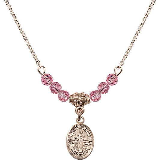 14kt Gold Filled Saint Bernadine of Sienna Birthstone Necklace with Rose Beads - 9387