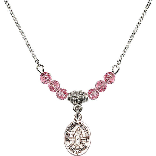 Sterling Silver Saint Bernadine of Sienna Birthstone Necklace with Rose Beads - 9387