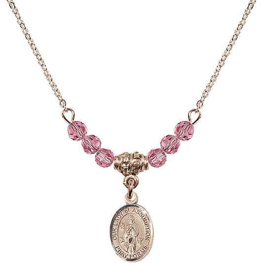 14kt Gold Filled Our Lady of Assumption Birthstone Necklace with Rose Beads - 9388