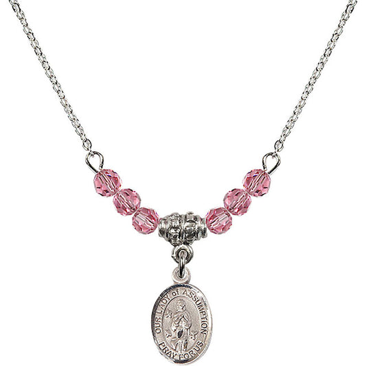 Sterling Silver Our Lady of Assumption Birthstone Necklace with Rose Beads - 9388