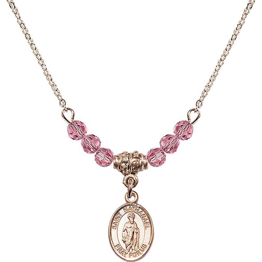 14kt Gold Filled Saint Nathanael Birthstone Necklace with Rose Beads - 9398