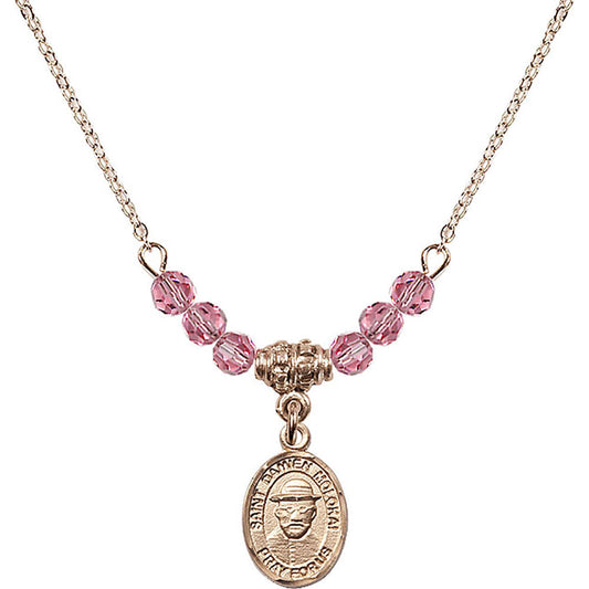 14kt Gold Filled Saint Damien of Molokai Birthstone Necklace with Rose Beads - 9412