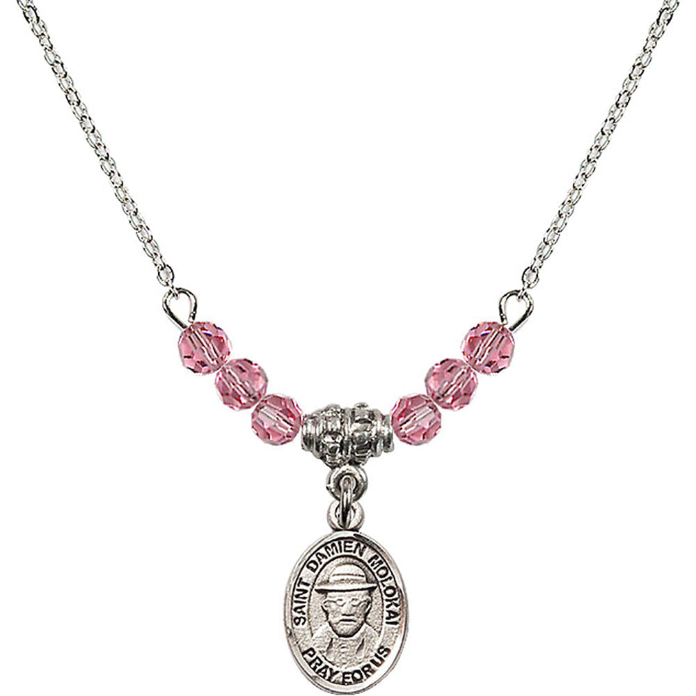 Sterling Silver Saint Damien of Molokai Birthstone Necklace with Rose Beads - 9412