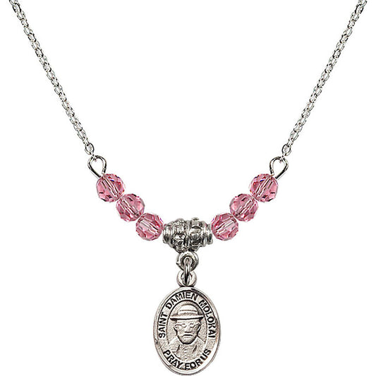 Sterling Silver Saint Damien of Molokai Birthstone Necklace with Rose Beads - 9412