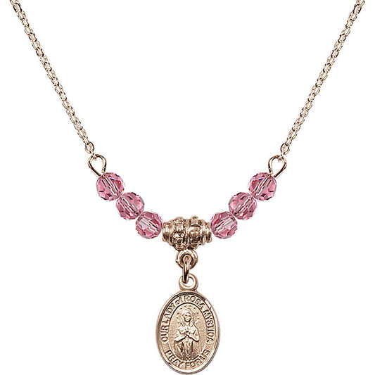 14kt Gold Filled Our Lady of Rosa Mystica Birthstone Necklace with Rose Beads - 9413