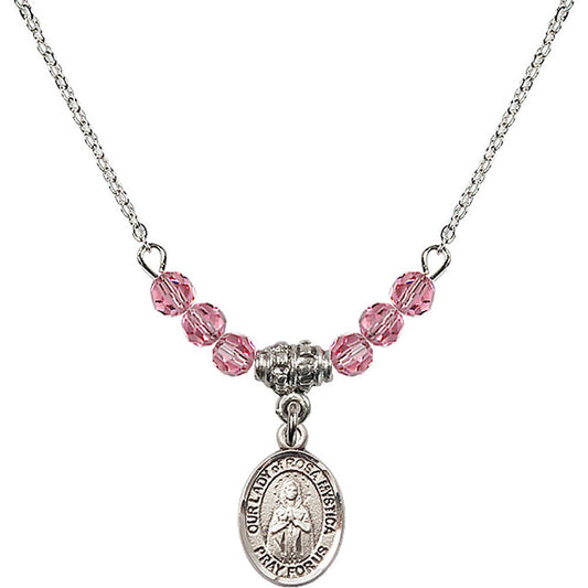 Sterling Silver Our Lady of Rosa Mystica Birthstone Necklace with Rose Beads - 9413
