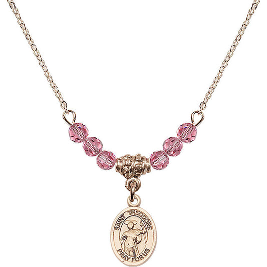 14kt Gold Filled Saint Theodore Stratelates Birthstone Necklace with Rose Beads - 9415