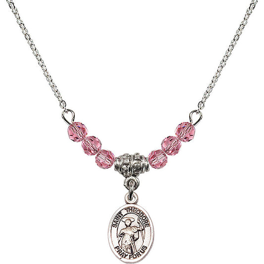 Sterling Silver Saint Theodore Stratelates Birthstone Necklace with Rose Beads - 9415