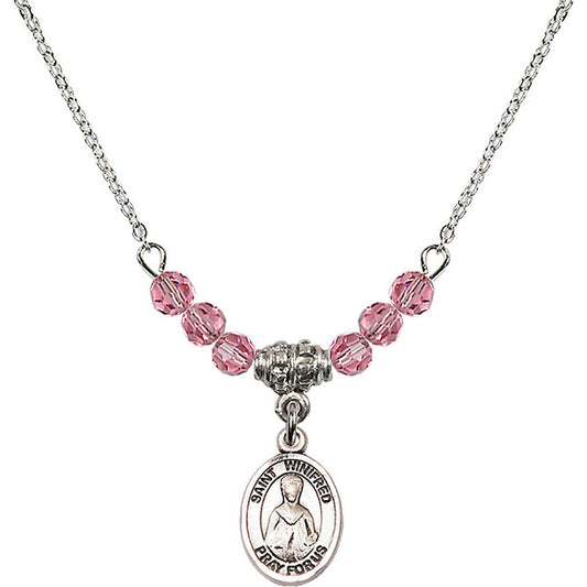 Sterling Silver Saint Winifred of Wales Birthstone Necklace with Rose Beads - 9419