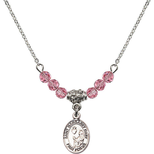 Sterling Silver Saint Margaret Mary Alacoque Birthstone Necklace with Rose Beads - 9420