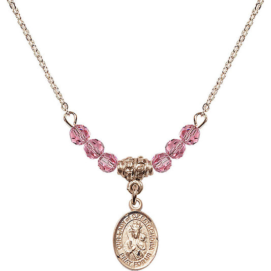 14kt Gold Filled Our Lady of Czestochowa Birthstone Necklace with Rose Beads - 9421