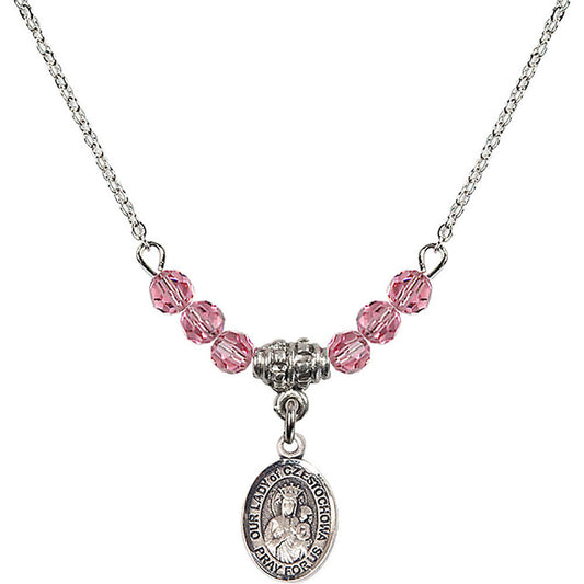 Sterling Silver Our Lady of Czestochowa Birthstone Necklace with Rose Beads - 9421