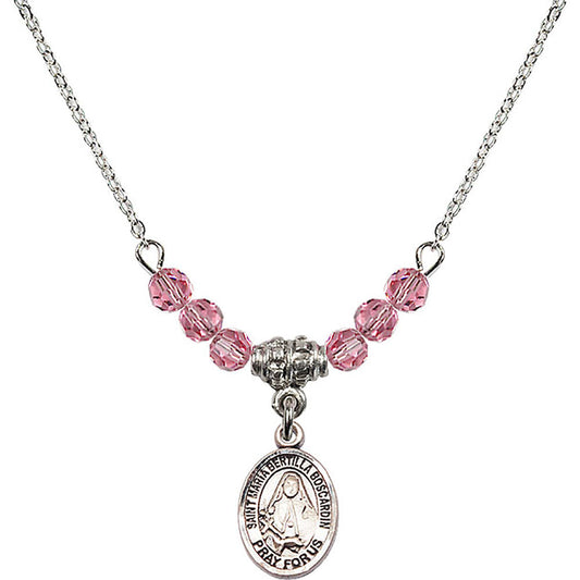 Sterling Silver Saint Maria Bertilla Boscardin Birthstone Necklace with Rose Beads - 9428