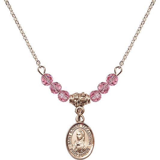14kt Gold Filled Saint Kateri Tekakwitha Birthstone Necklace with Rose Beads - 9438