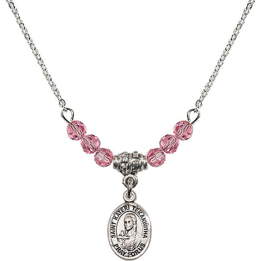 Sterling Silver Saint Kateri Tekakwitha Birthstone Necklace with Rose Beads - 9438