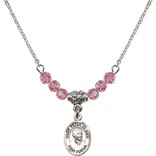 Sterling Silver Saint Peter Claver Birthstone Necklace with Rose Beads - 9442
