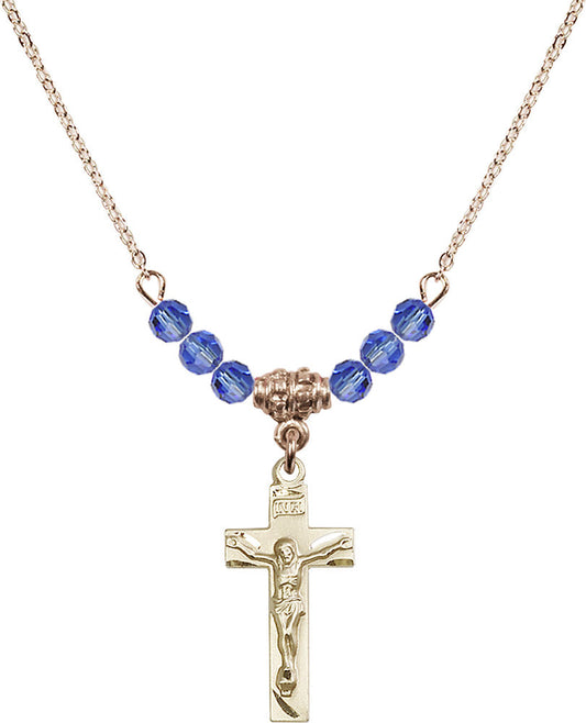 14kt Gold Filled Crucifix Birthstone Necklace with Sapphire Beads - 0006