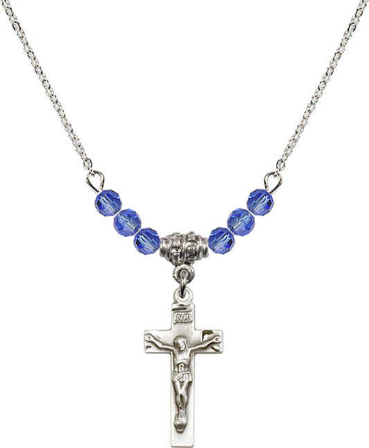 Sterling Silver Crucifix Birthstone Necklace with Sapphire Beads - 0006