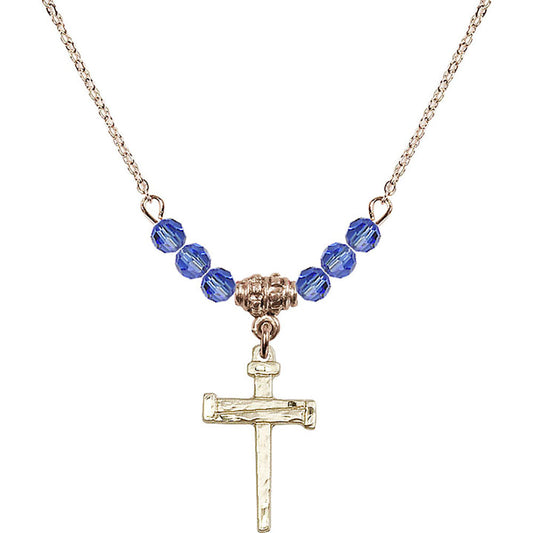 14kt Gold Filled Nail Cross Birthstone Necklace with Sapphire Beads - 0012