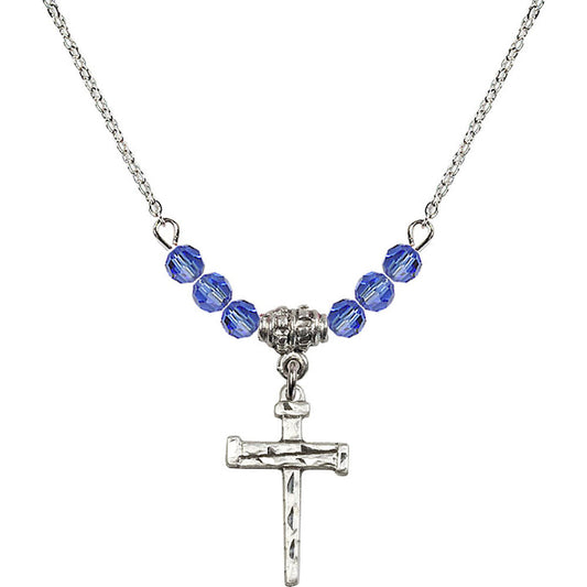 Sterling Silver Nail Cross Birthstone Necklace with Sapphire Beads - 0012