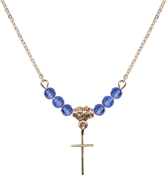 14kt Gold Filled Cross Birthstone Necklace with Sapphire Beads - 0014